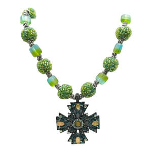 Statement Cross Pendant Ball Beaded Necklace Green Toggle Closure Vintage